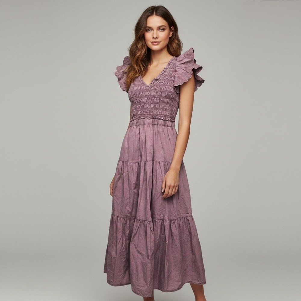 Sea New York Mauve Smocked Ruffle Eyelet Cotton Midi Dress Size 2 Open Back